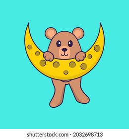 Cute rat is on the moon. Animal cartoon concept isolated. Can used for t-shirt, greeting card, invitation card or mascot.