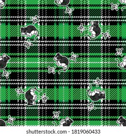 Cute rat on plaid background vector pattern. Grungy alternative checkered home decor with cartoon animal. Seamless rocker attitude all over print. 