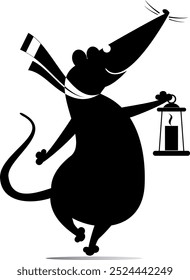 Cute rat, opossum or mouse holding an old lantern. 
Cartoon rat, opossum or mouse holds a vintage lit lantern. Black and white illustration
