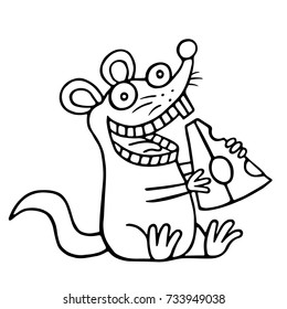 Cute rat and piece of cheese. Vector illustration. Funny cheerful character.