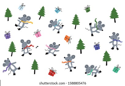 cute rat play together in winter with gift box background