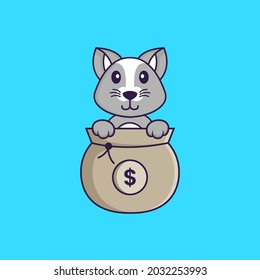 Cute rat playing in money bag. Animal cartoon concept isolated. Can used for t-shirt, greeting card, invitation card or mascot.