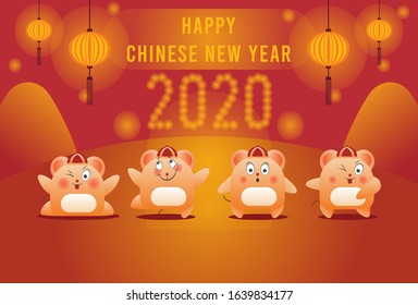 Cute rat pose exspression dance with lanterns and red festive background. Happy Chinese new year 2020