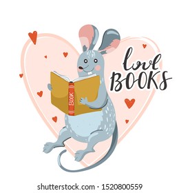 Cute rat reading book. Stylish typography slogan design "love books" sign. Heart shape composition. Vector illustration.