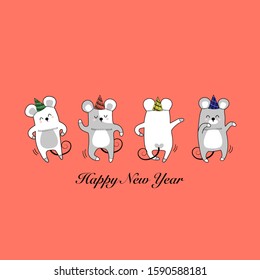 Cute rat showing various actions with label Happy New Year vector design for New year day, Funny baby rat dancing collection, Hand drawn cartoon doodles style.