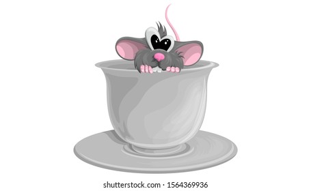 Cute rat sitting in a Cup on a white background. Vector illustration in cartoon style