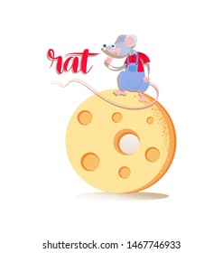 Cute rat sitting on the cheese. Funny mouse. Isolated vector painted in grunge style on a white background. Animal, rodent. Year of the rat. Chinese horoscope.