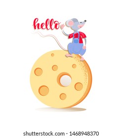 Cute rat sitting on the cheese. Hello. Funny mouse with greeting. Isolated vector painted in grunge style on a white background. Animal, rodent. Year of the rat. Chinese horoscope.