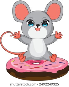 Cute rat sitting on a donut with open hands