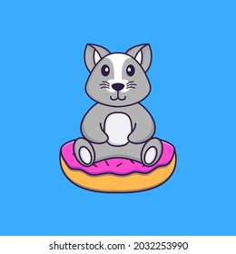 Cute rat is sitting on donuts. Animal cartoon concept isolated. Can used for t-shirt, greeting card, invitation card or mascot.