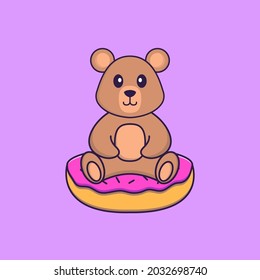 Cute rat is sitting on donuts. Animal cartoon concept isolated. Can used for t-shirt, greeting card, invitation card or mascot.