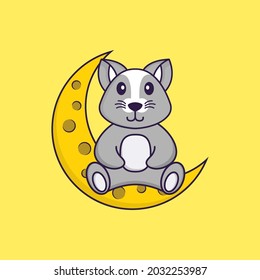 Cute rat is sitting on the moon. Animal cartoon concept isolated. Can used for t-shirt, greeting card, invitation card or mascot.
