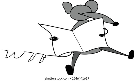 Cute rat sitting and reading a newspaper. Doodle, sketch, vector illustration, hand drawing on white background. 