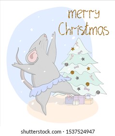 Cute rat in skirt dancing near the Christmas tree.  Mouse rat year, Chinese zodiac. Rat ballerina. Design for New year card. Lettering Merry Christmas. Vector hand drawn illustration.