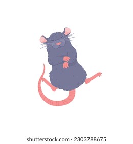 Cute rat sleeping on its back, cartoon flat vector illustration isolated on white background. Funny rodent animal. Furry house rat drawing.