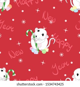 cute rat with sweets and candy cane, new year and christmas seamless pattern on red background, winter holidays wrapping paper, chinese zodiac animal, editable vector illustration