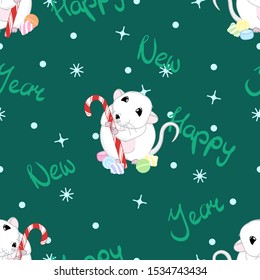 cute rat with sweets and candy cane, new year and christmas seamless pattern on green background, winter holidays wrapping paper, chinese zodiac animal, editable vector illustration