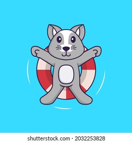 Cute rat is Swimming with a buoy. Animal cartoon concept isolated. Can used for t-shirt, greeting card, invitation card or mascot.