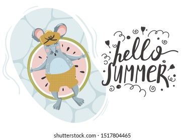 Cute rat swimming in the pool. Summer time. Stylish typography slogan design "hello summer" sign. Vector illustration on white background.