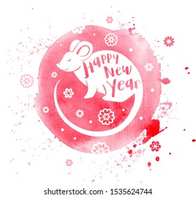 Cute rat symbol of Chinese zodiac for 2020 new year. Silhouette of rat and lettering on a pink watercolor background. Vector illustration