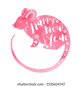 Cute rat symbol of Chinese zodiac for 2020 new year. Pink watercolor silhouette of rat and lettering. Vector illustration