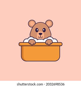 Cute rat taking a bath in the bathtub. Animal cartoon concept isolated. Can used for t-shirt, greeting card, invitation card or mascot.