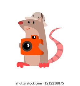 Cute rat taking pictures with a camera, funny animal cartoon character traveling on vacation vector Illustration on a white background