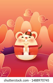 Cute rat in tang suit wishing you a year full of blessings and wealth with red festive background. 
