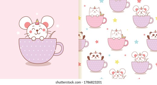 cute rat unicorn cat and panda cartoon in a cup seamless pattern with pastel color background.