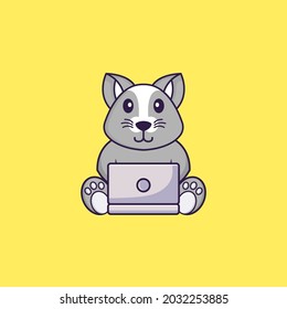 Rata linda usando laptop. El concepto de caricatura animal aislado. Puede usarse para camisetas, tarjetas de felicitación, tarjetas de invitación o mascota.