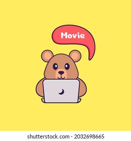 Cute rat is watching a movie. Animal cartoon concept isolated. Can used for t-shirt, greeting card, invitation card or mascot.