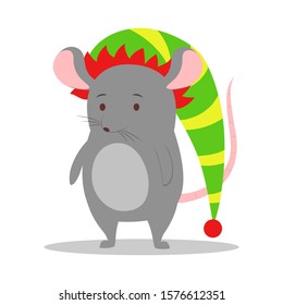 Cute rat wearing a green festive elf hat. Christmas and New Year celebration. 2020 year of the rat. Isolated vector illustration in flat style