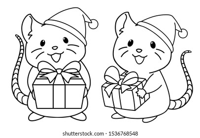 Cute rat wearing Santa hat gives a present. Contour pictures. Hand drawn vector illustration. Can be used for sticker, cards, design, children games, tattoo, coloring book etc. Isolated on white.