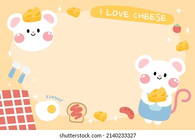 Cute rat,cheese,egg,tomato,sausage,bread hand drawn.Template for write,diary,memo,planner,to do listbook,stationary.Yellow background.Kawaii.Vector.Illustration.