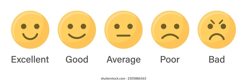 Cute rating emoji set in yellow color for customer feedback or product experience with bad poor average good and excellent text. Emoji feedback scale. Rating emoji collection. Vector illustration.