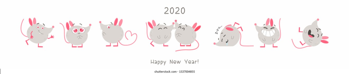 Cute rats flat vector illustrations set. Creative cartoon characters pack. Kawaii mice with different expressions. Funny 2020 year mascots