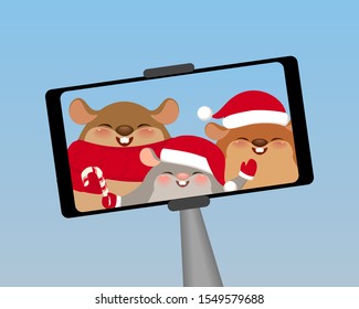 Cute rats, mice in Santa Claus red hats, scarfs and mittens with candu cane taking selfie. Cartoon characters in flat style, Christmas vector illustration. New Year 2020