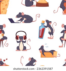 cute rats pattern. mice with cheese, laptop and poison, isolated on white background, cartoon funny rats in different poses. vector cartoon seamless pattern.