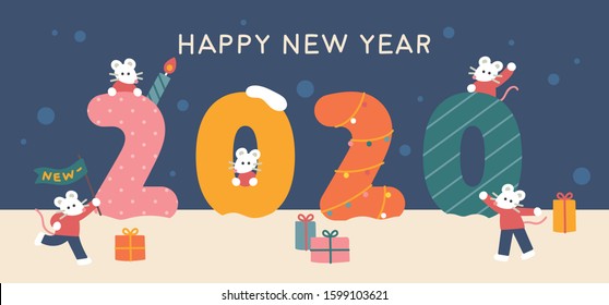 Cute rats in sweaters celebrate New Year around the giant 2020 figure. flat design style minimal vector illustration.
