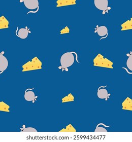 Cute rats vector pattern on blue background, cute seamless in doodle style