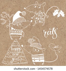 Cute rats.A cartoon characters. Vector illustration, isolated elements for design, greeting card or invitation on kraft paper. Animal symbol of new year 2020.
