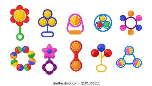 Cute rattles for newborn babies flat vector illustrations set. Collection of cartoon drawings of toys for infants isolated on white background. Childhood, toys, entertainment concept