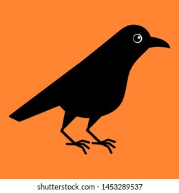 Cute raven bird. Cartoon crow. Kawaii vector illustration on orange background. Halloween party