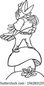 A cute raven guy in a suit sings songs while standing on a mushroom.Vector illustration on a white background