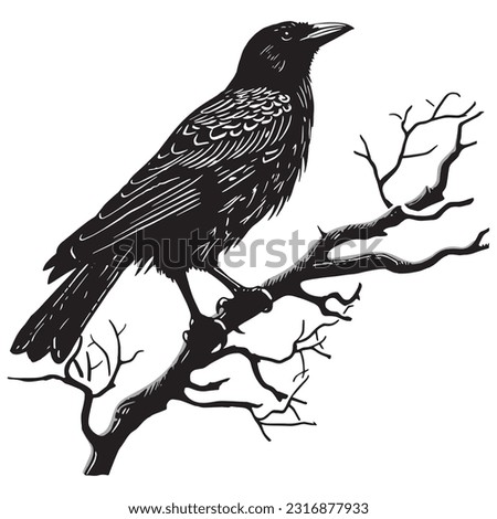 Cute raven, sitting on a tree on a white background, hand drawn illustration