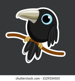 Cute Raven Sticker Template In Flat Vector Style 