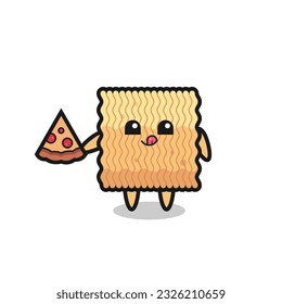 cute raw instant noodle cartoon eating pizza , cute style design for t shirt, sticker, logo element