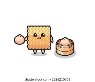 cute raw instant noodle character eating steamed buns , cute style design for t shirt, sticker, logo element