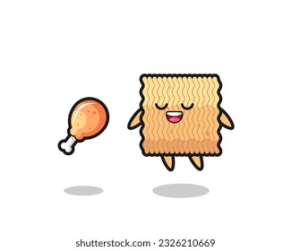 cute raw instant noodle floating and tempted because of fried chicken , cute style design for t shirt, sticker, logo element