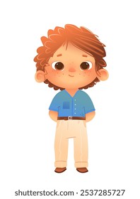 Menino bonito e cabeça de leitura de pé direito vestindo uniforme. Desenho de personagem para crianças de classe elementar ou pré-escolar. Personagem de Schoolboy, ilustração isolada de desenhos animados vetoriais para crianças.